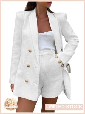 2 Piece Tweed Blazer Shorts Set Double Breasted Suit Jacket Business Outfit